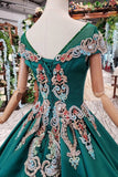 Green Satin Short Sleeve Ball Gown Lace up with Applique Beads Prom Dresses PW792