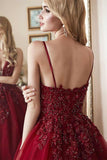 Burgundy A Line Spaghetti Straps V-Neck Tulle Beads Appliques Prom Dress