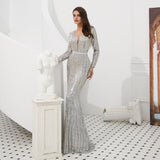 Gorgeous Mermaid Deep V-Neck Sequins Long Sleeve Grey Tulle Prom Dress WH99310