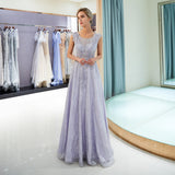 A Line Round Neck Sleeveless Beading Lace Floor Length Prom Dress Party Dress WH72701