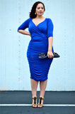 Elegant Royal Blue Half Sleeve Sheath V-Neck Prom Dresses FP2139