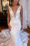 Mermaid Deep V Neck Lace Wedding Dresses with Beading N050
