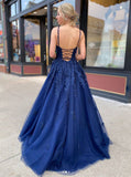 A Line Appliques Blue Long Prom Dresses Evening Dresses PD1109