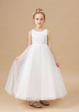 Lovely Sleeveless Applique Tulle Flower Girl Dresses With Bownot FL0023