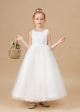 Lovely Sleeveless Applique Tulle Flower Girl Dresses With Bownot FL0023