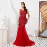 Stunning Mermaid Applique Sleeveless Beads Red Tulle Prom Dress WH94696