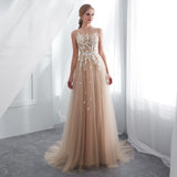 A Line Sleeveless Appliques Lace Court Train Prom Dress WH26661