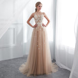 A Line Sleeveless Appliques Lace Court Train Prom Dress WH26661