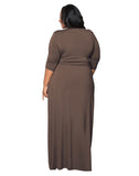 A Line Brown V-Neck 3/4 Sleeve Floor Length Prom Dresses Evening Dresses FP2152