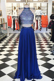 Navy Blue Chiffon A Line Beaded Long Two Pieces Prom Dresses