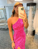 Charming Mermaid Glitter One Shoulder Side Slit Open Back Prom Dress