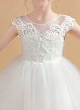 Cap Sleeves Ivory Tulle Flower Girl Dresses With Bow-Knot FL0002