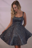 Sparkly Spaghetti Straps Dark Grey Homecoming Dresses with Pockets H1006