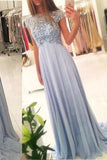 A Line Chiffon Beaded Scoop Handmade Stones Long Prom Dress