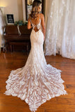 Straps Mermaid V Neck Lace Wedding Dress with Appliques N117