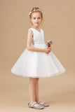 Sleeveless Ivory V-Neck Tulle Satin Flower Girl Dresses With Bowknot