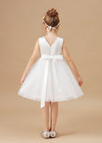 Sleeveless Ivory V-Neck Tulle Satin Flower Girl Dresses With Bowknot