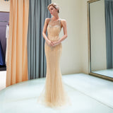 Stunning Mermaid Sleeveless Sequins Beading Tulle Sweep Train Prom Dress Party Dress WH82705