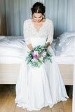 3/4 Sleeve See Through Backless Lace Wedding Gowns Chiffon Rustic Wedding Dresses PW815