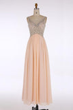 A Line V-Neck Chiffon Sleeveless Lace Long Prom Dresses