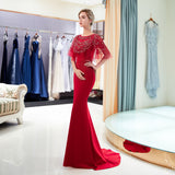 Mermaid Beading Half Sleeves Satin Sweep Train Prom Dress Party Dress WH63689