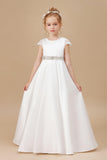 A Line Floor Length Bowknot Ivory Satin Flower Girl Dresses With Rhinestones Waist