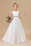 A Line Floor Length Bowknot Ivory Satin Flower Girl Dresses With Rhinestones Waist