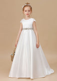 A Line Floor Length Bowknot Ivory Satin Flower Girl Dresses With Rhinestones Waist