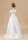 A Line Floor Length Bowknot Ivory Satin Flower Girl Dresses With Rhinestones Waist