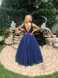 A Line Deep V-Neck Navy Blue Appliques Tulle Long Prom Dresses