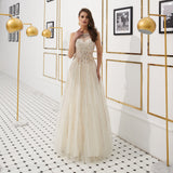 Shiny A Line Beading Sleeveless Tulle Floor Length Prom Dress WH64320