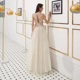 Shiny A Line Beading Sleeveless Tulle Floor Length Prom Dress WH64320