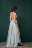 Modest Spaghetti Straps Beading Long Sky Blue Prom Dresses With Front Split WH441055