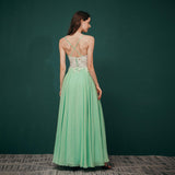 Elegant A Line Spaghetti Straps Lace Beading Floor Length Prom Dresses WH321040