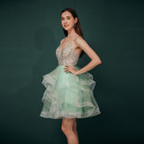 Cute A Line Spaghetti Straps Beading Tulle Knee Length Homecoming Dresses Short Prom Dresses WH341036