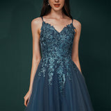 A Line V Neck Spaghetti Straps Appliques Tulle Floor Length Prom Dresses WH351032