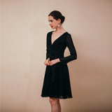 Long Sleeve V-Neck Black Chiffon Above Knee Short Prom Dresses WH231048