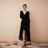 Elegant Long Sleeve V-Neck Black Chiffon High Low Prom Dresses WH191049