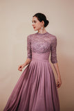 Sheath Half Sleeves Appliques Chiffon Long Prom Dresses WH351035