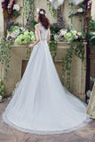 Elegant A Line V-Neck Sleeveless Appliques Beading Tulle Court Train Wedding Dress WH30267