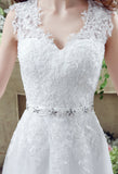 Elegant A Line V-Neck Sleeveless Appliques Beading Tulle Court Train Wedding Dress WH30267