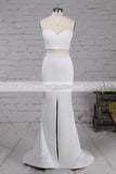 Ivory Mermaid Sweetheart Satin Two Pieces Slit Floor-length Draped Prom Dresses PH406