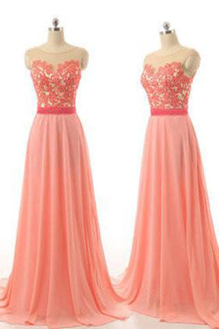 Peach A Line Lace Custom Chiffon Open Back Bridesmaid Dress