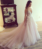 Gorgeous Deep V-Neck A-line Tulle Wedding Dress Long Bridal Gowns