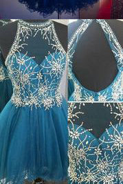 A Line Blue Open Back Beaded Homecoming Dress PM452