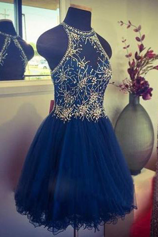 A Line Blue Open Back Beaded Homecoming Dress PM452