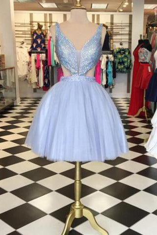 A Line V-Neck Sleeveless Ball Gown Beaded Homecoming Dress