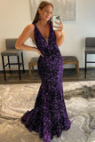 Mermaid Deep V Neck Purple Sequins Long Prom Dress N122