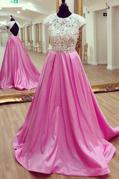 Lace Open Back Long Rosy Satin Prom Dresses Lace Graduation Dresses