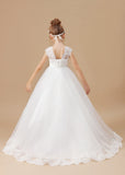 Ivory Floor-length V-Neck Lace Tulle Satin Flower Girl Dresses